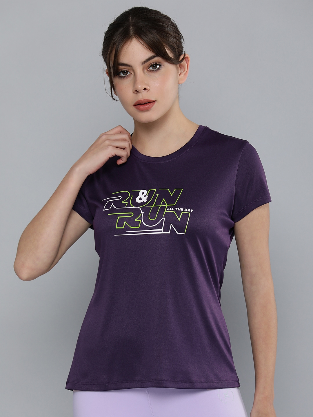 HRX by Hrithik Roshan Women Purple & Green Typography Print Rapid-Dry Running T-shirt Price in India