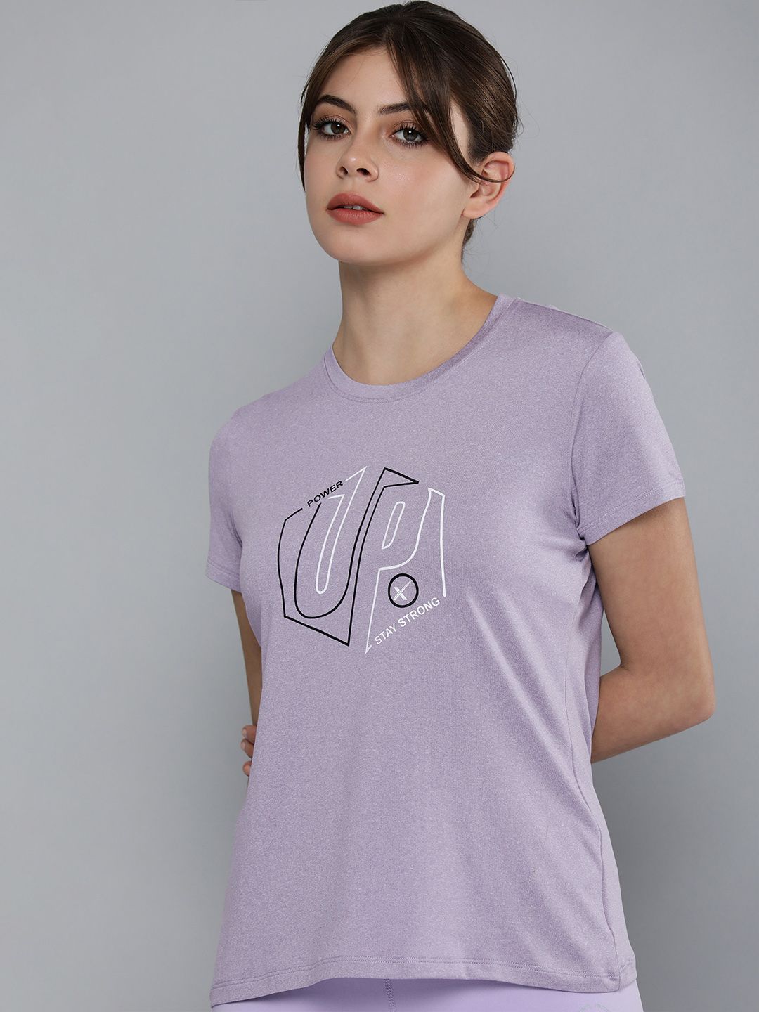 HRX by Hrithik Roshan Women Lavender & White Brand Logo Printed Rapid-Dry Running T-shirt Price in India