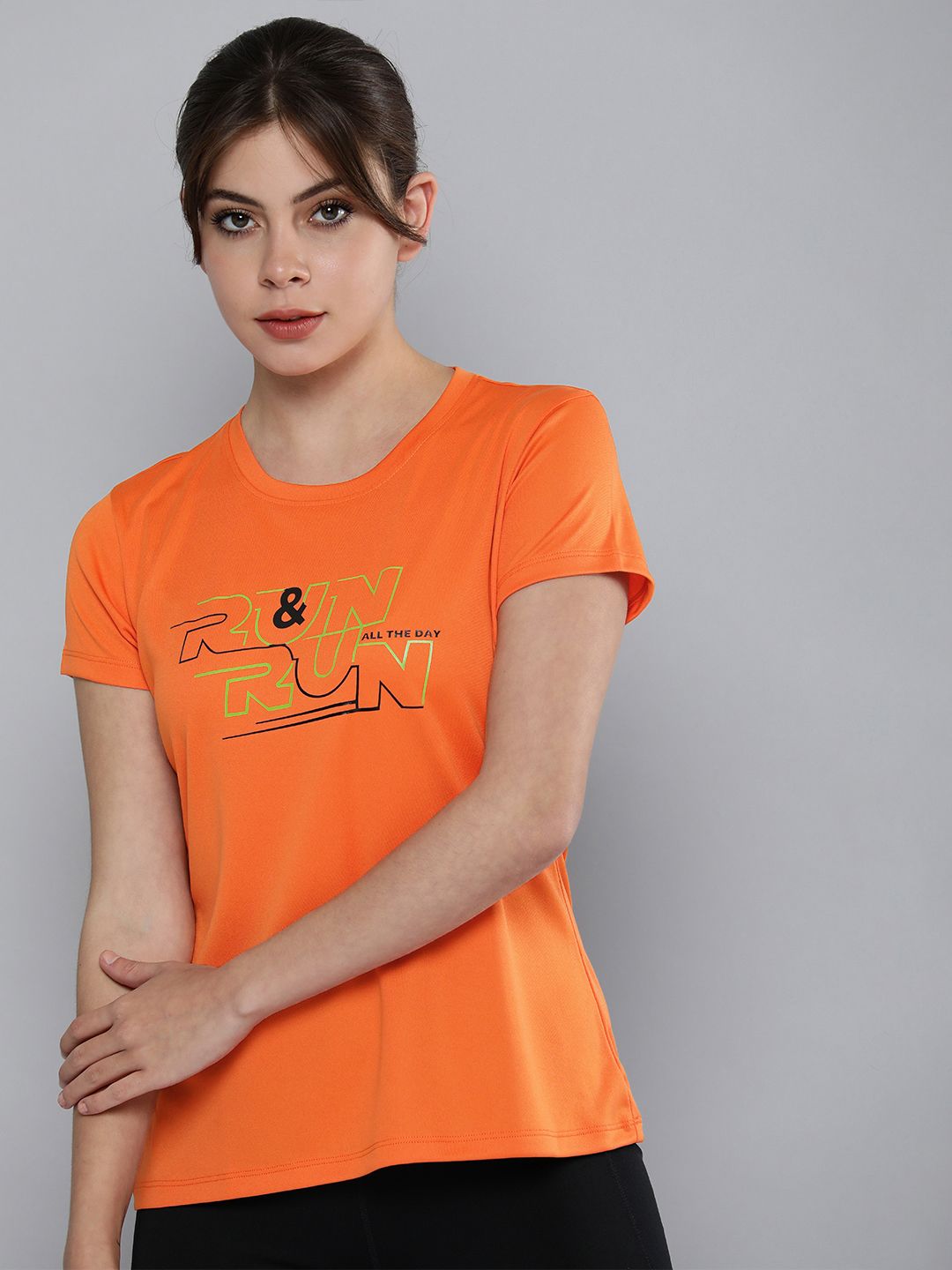 HRX by Hrithik Roshan Women Orange & Green Typography Print Rapid-Dry Running T-shirt Price in India