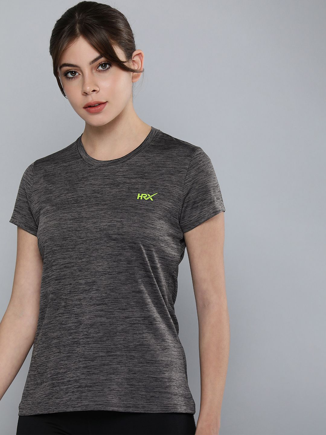 HRX by Hrithik Roshan Women Charcoal Grey Brand Logo Rapid-Dry Running T-shirt Price in India