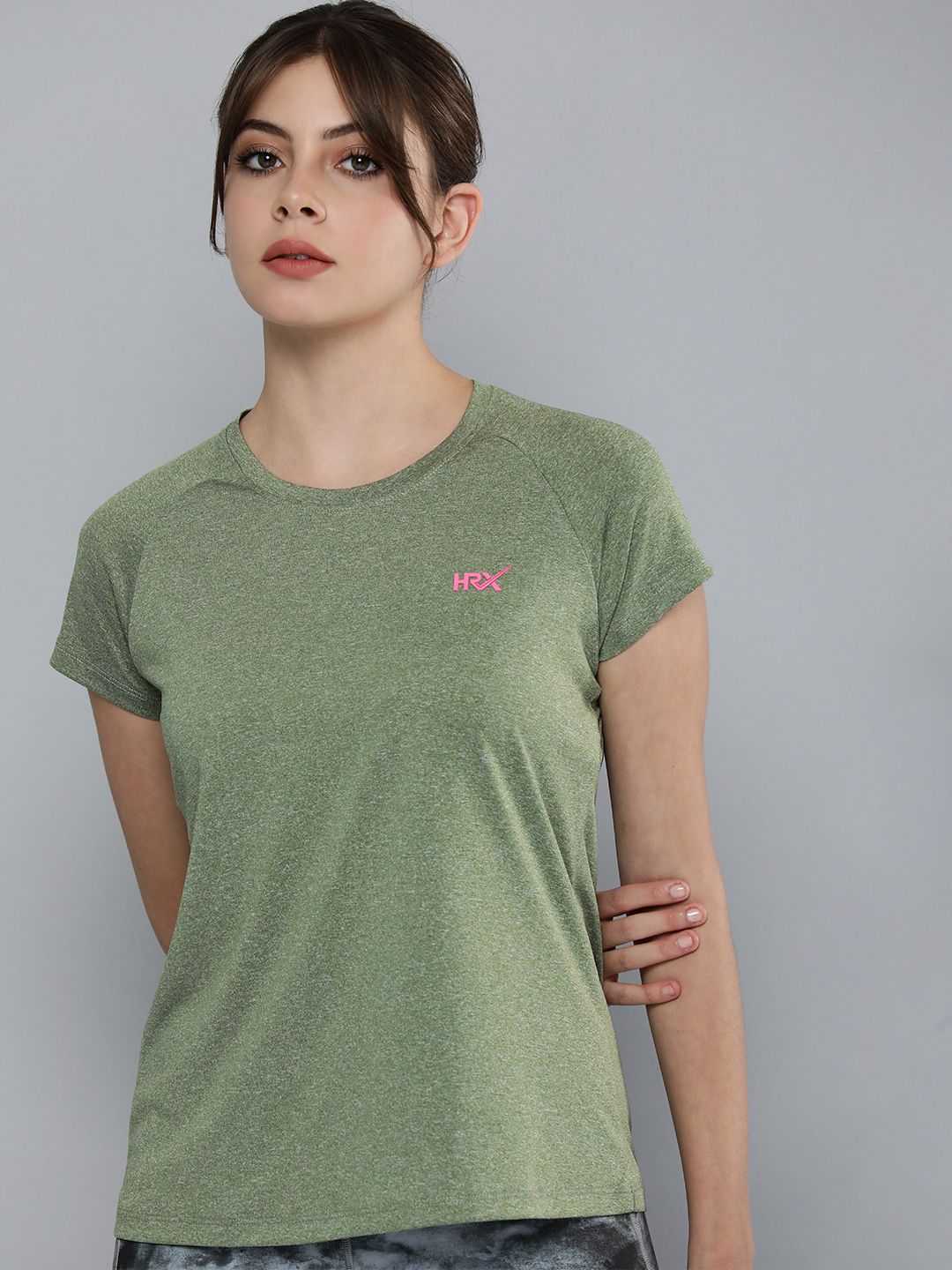 HRX by Hrithik Roshan Women Olive Green Brand Logo Rapid-Dry Running T-shirt Price in India
