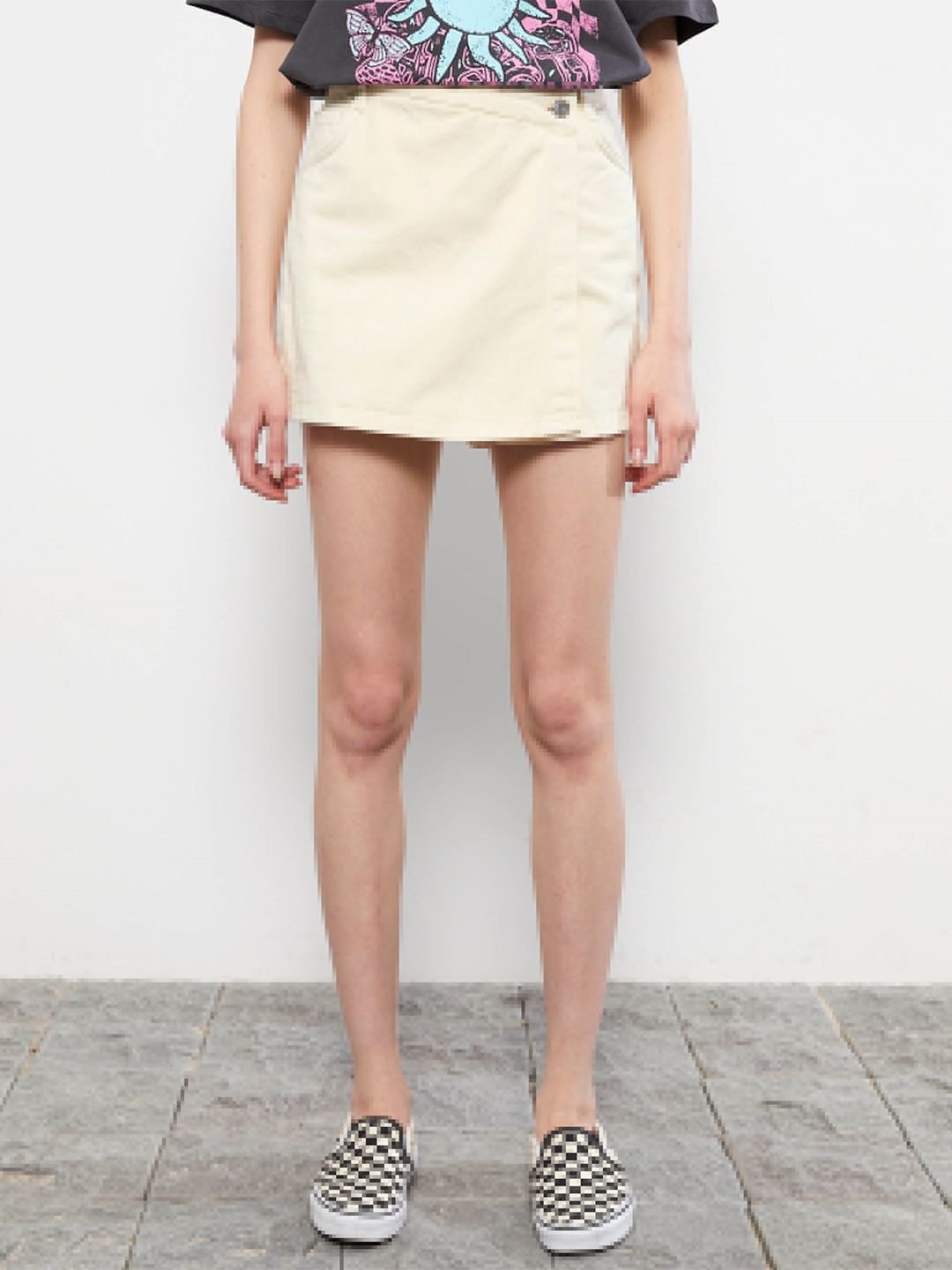 LC Waikiki Women Beige Solid Front Overlap Panel Mini Skort