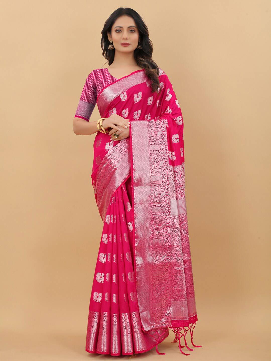 PRASTHAN Pink & Silver-Toned Woven Design Zari Pure Silk Banarasi Saree