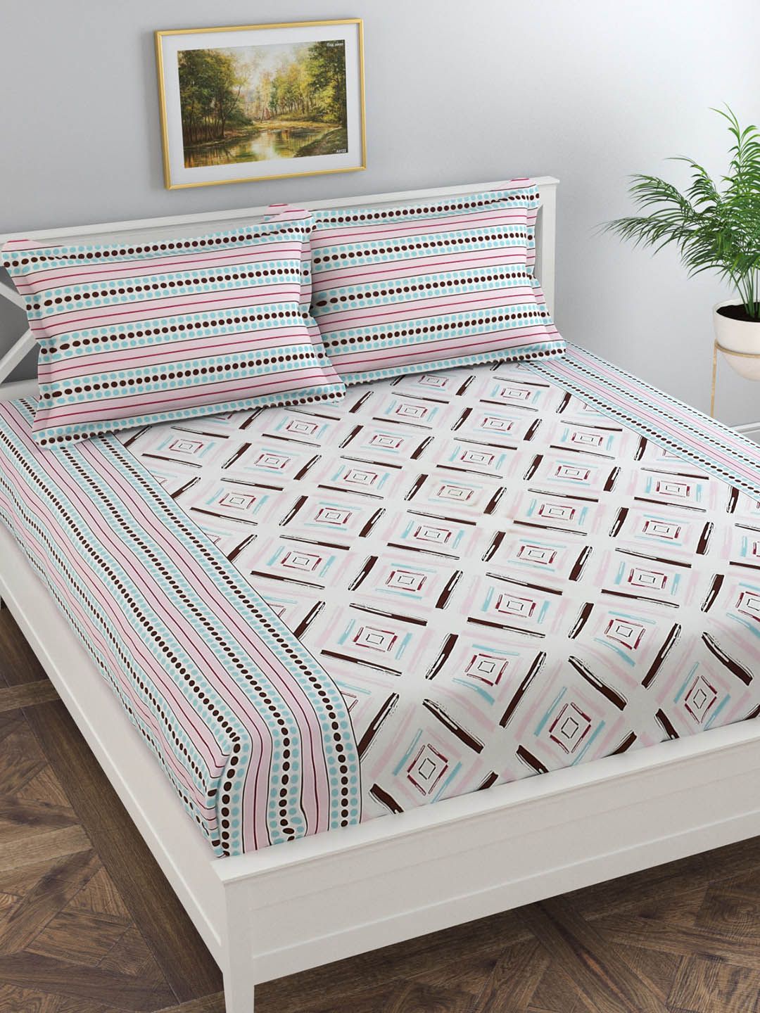 Florida Off White & Pink Geometric 180 TC Queen Bedsheet with 2 Pillow Covers Price in India