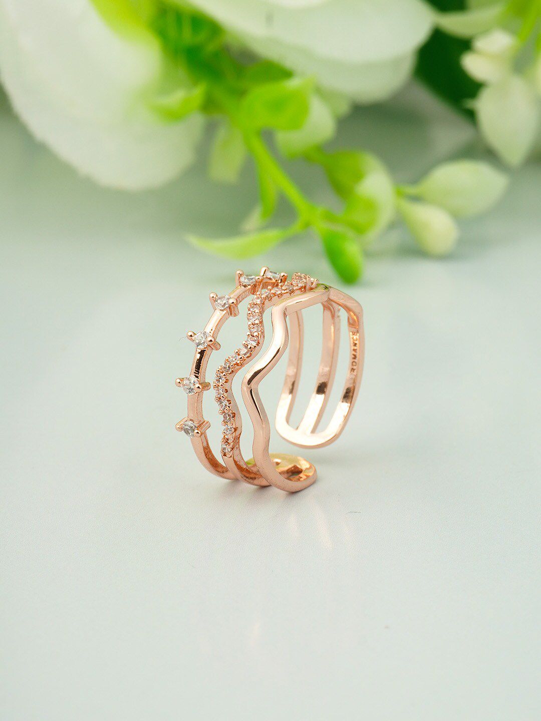 Ferosh Rose Gold-Toned White Stone Studded Adjustable Finger Ring Price in India