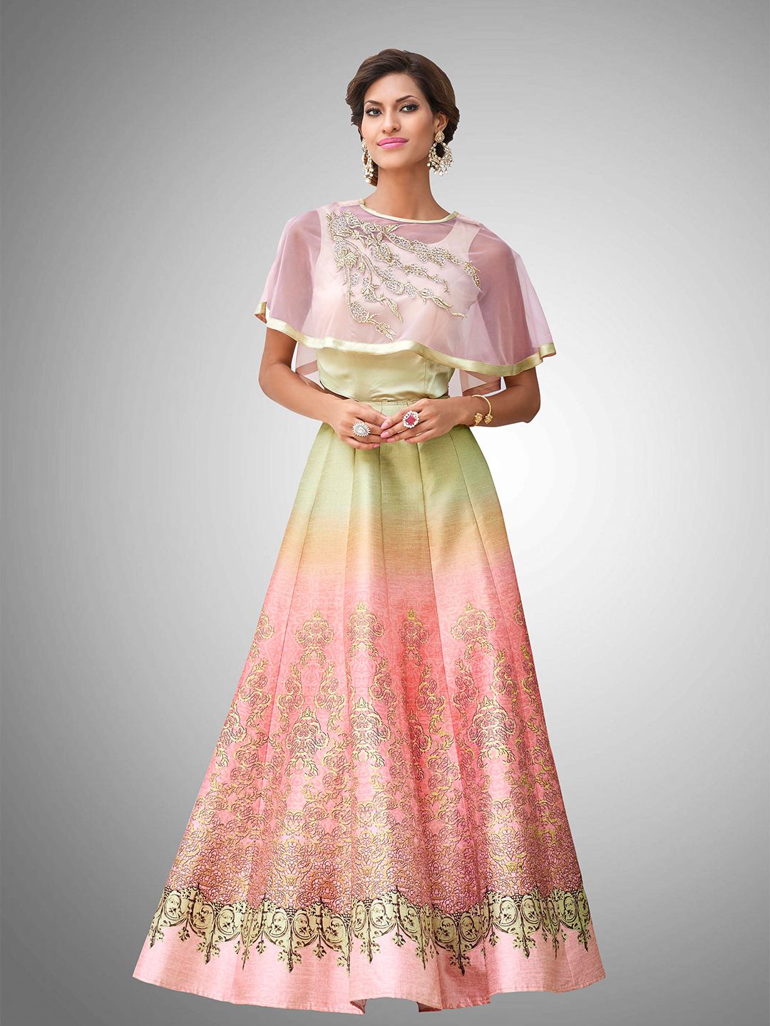 SAPTRANGI Pink & Gold-Toned Embroidered Thread Work Semi-Stitched Lehenga & Unstitched Blouse With Dupatta Price in India
