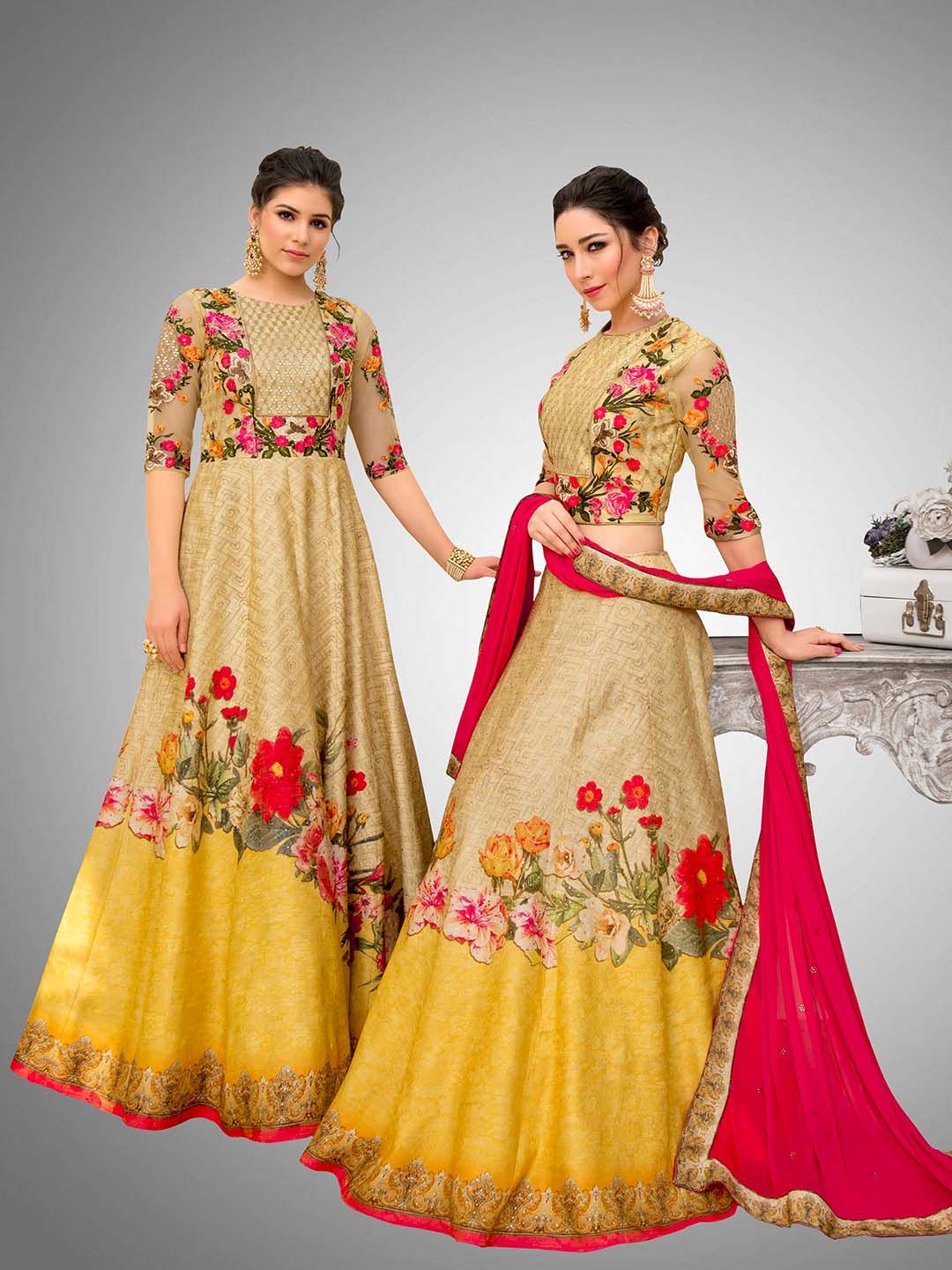 SAPTRANGI Yellow & Red Embroidered Thread Work Semi-Stitched Lehenga & Unstitched Blouse With Dupatta Price in India