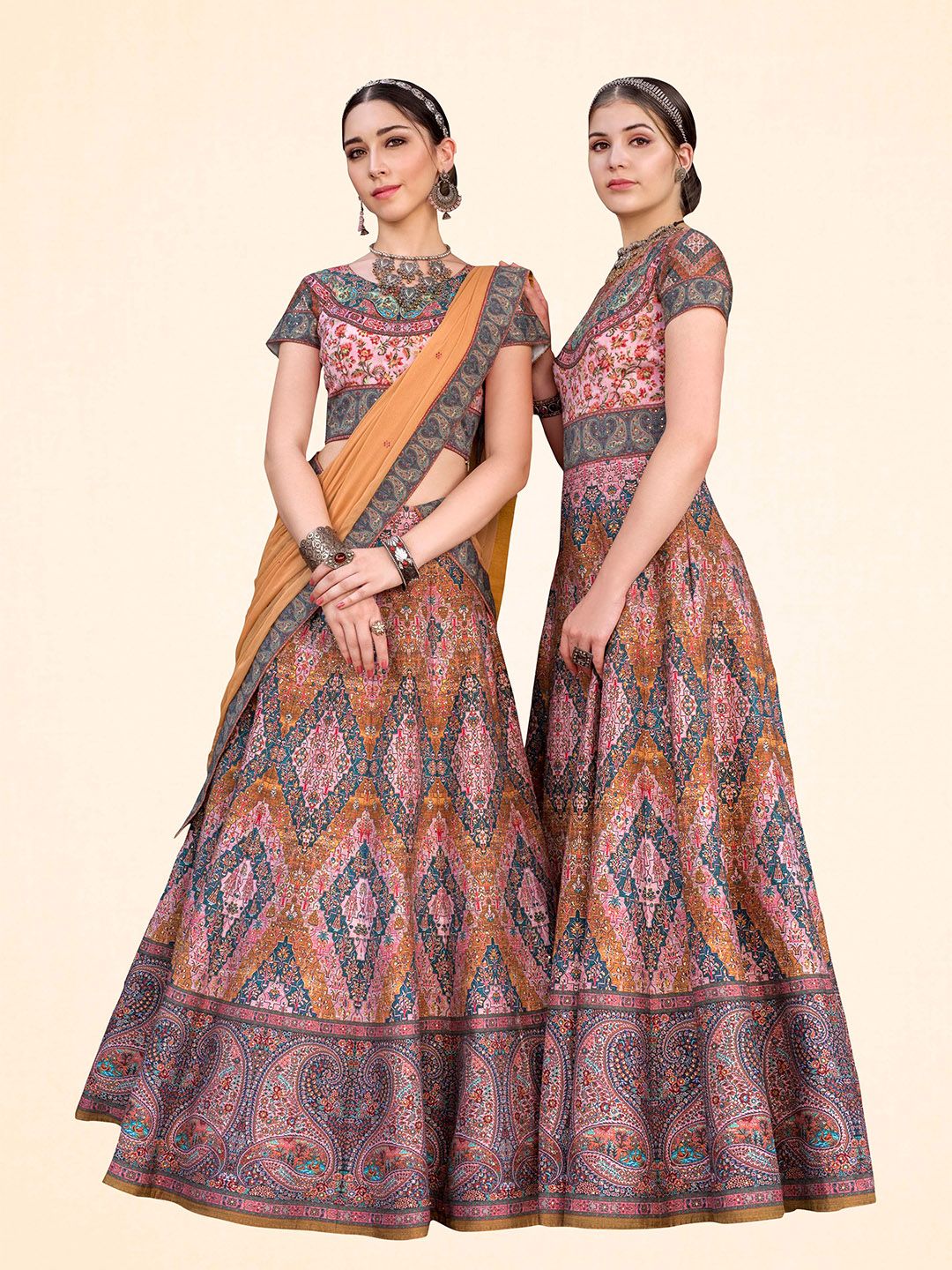 SAPTRANGI Grey & Pink Embroidered Thread Work Semi-Stitched Lehenga & Unstitched Blouse With Dupatta Price in India