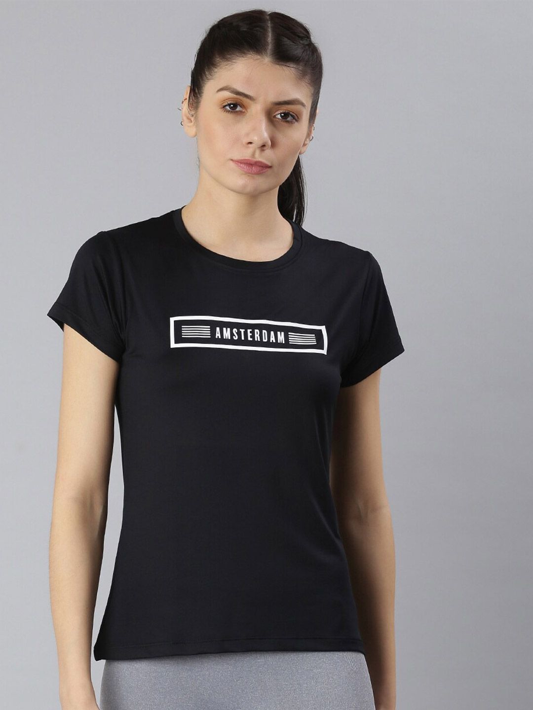 MKH Women Black Typography Printed Round Neck Dri-FIT T-shirt Price in India
