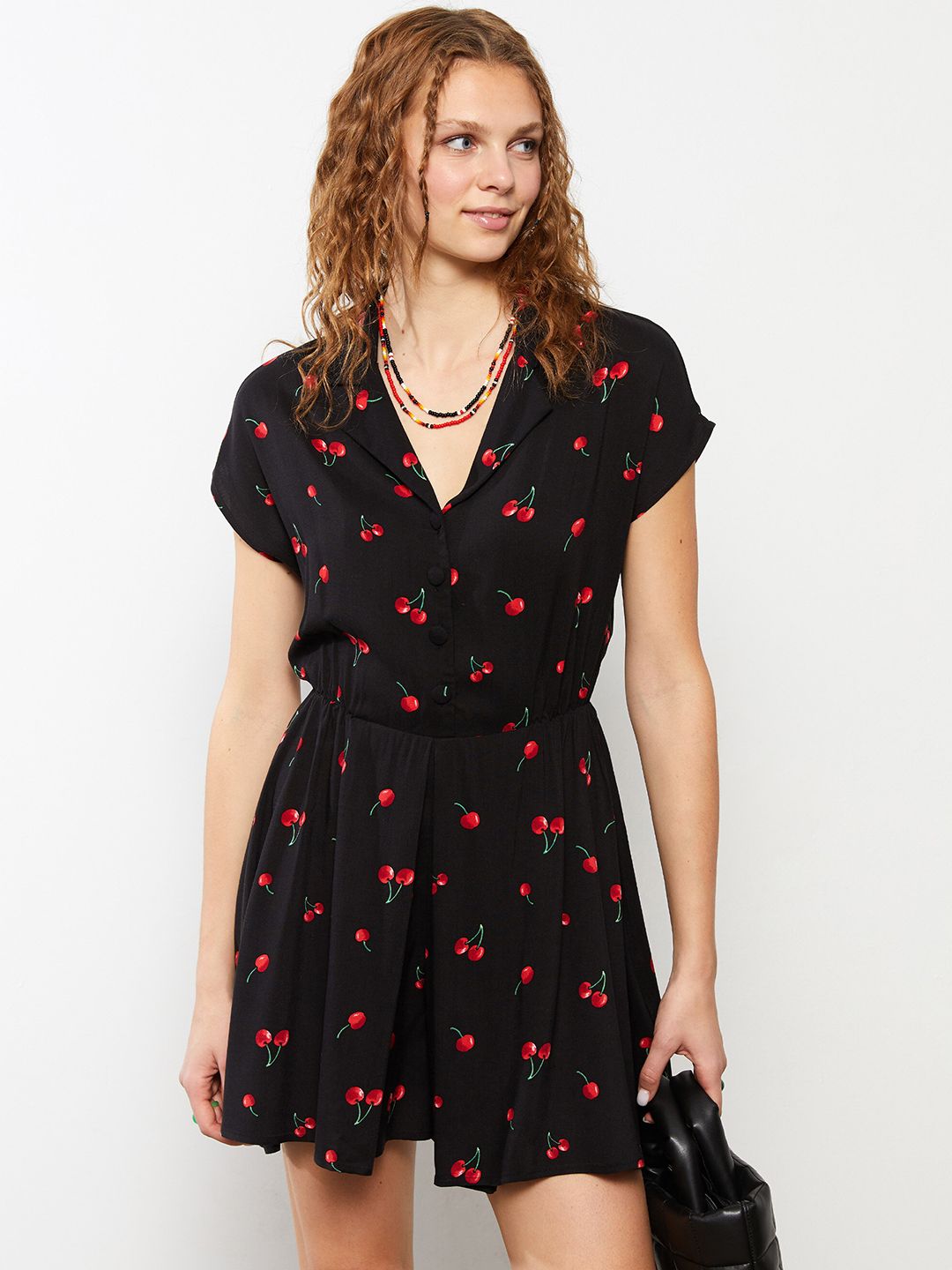 LC Waikiki Black & Red Printed Notched Lapel Jumpsuit Price in India