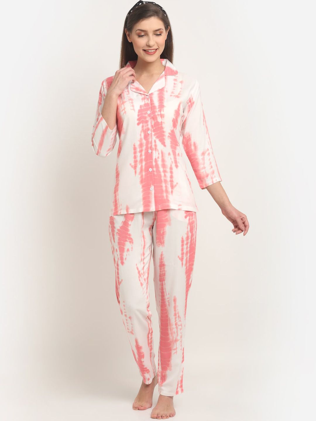 Claura Women Pink & White Printed Night suit Price in India