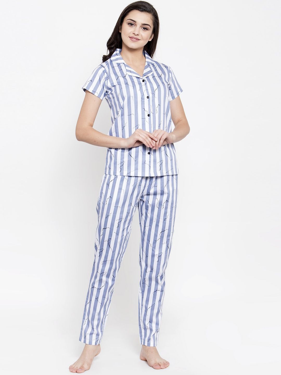 Claura Women Blue & White Striped Night suit Price in India