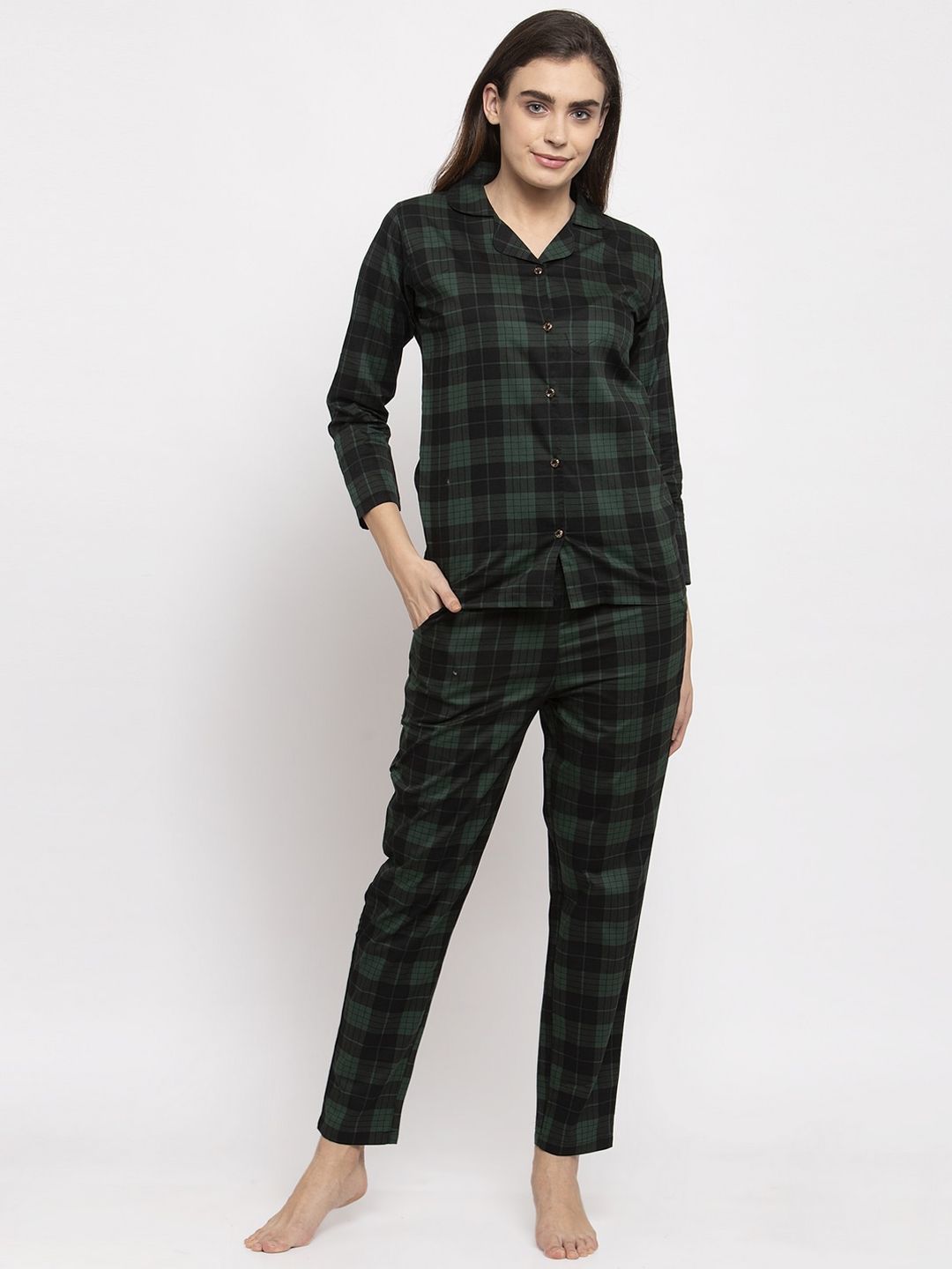 Claura Women Green & Black Checked Night suit Price in India