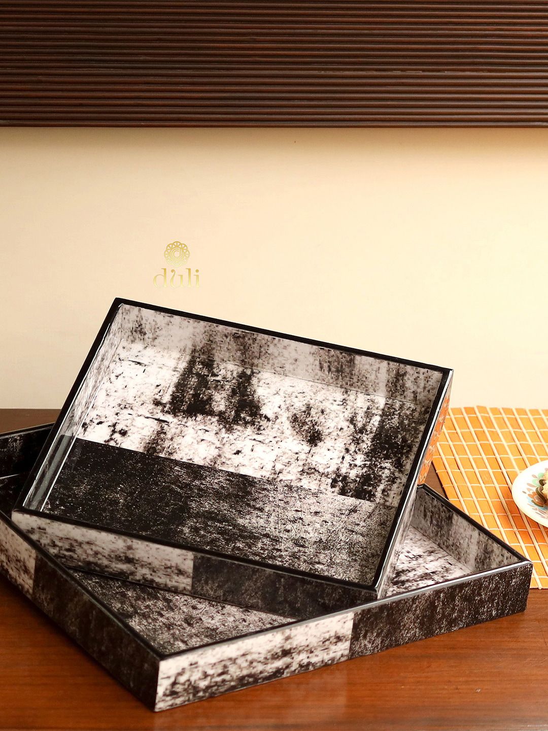 DULI Set Of 2 Grey Printed Wooden Trays Price in India