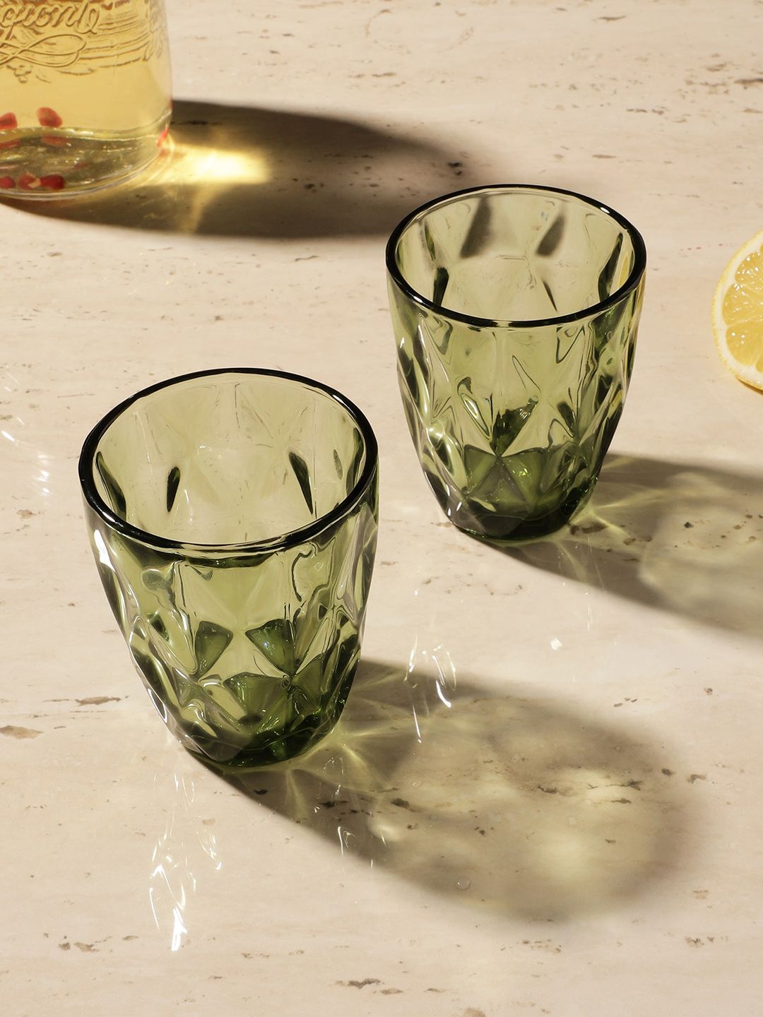 The Decor Mart Set of 2 Transparent & Green Textured Drinking Glass Price in India