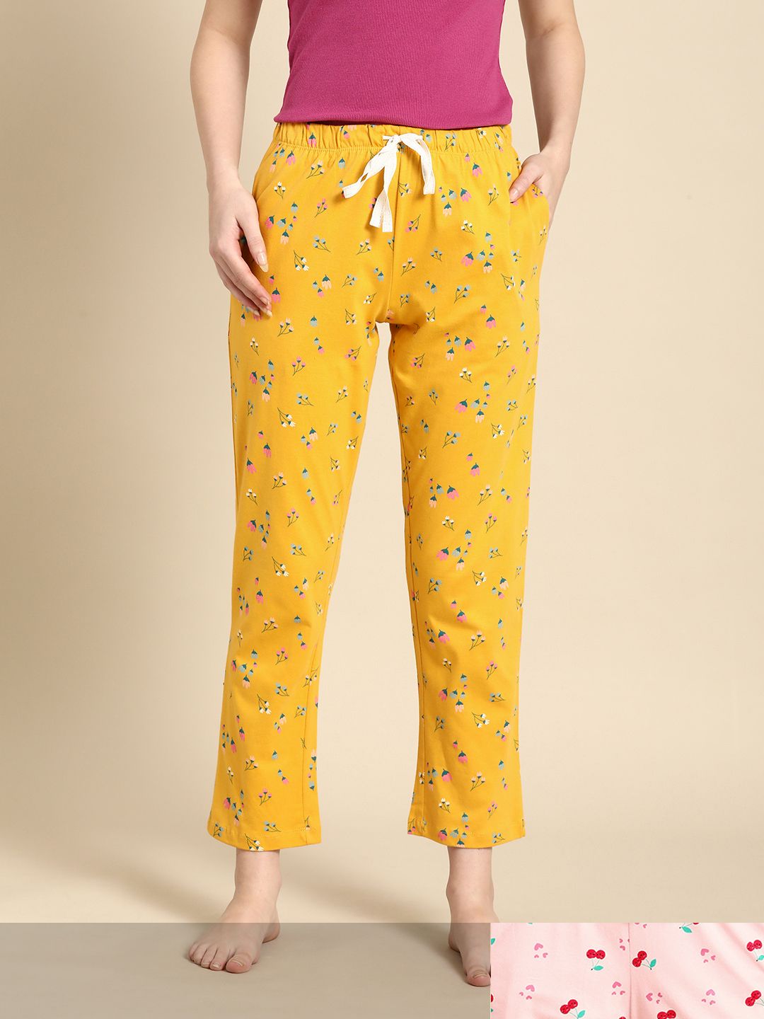 Dreamz by Pantaloons Women Pack of 2 Printed Pure Cotton Lounge Pants in Yellow & Pink Price in India