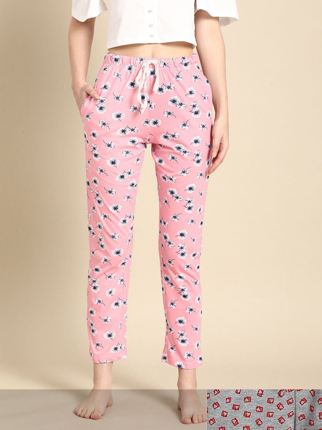 Dreamz by Pantaloons Pack of 2 Pink & Grey Printed Cropped Lounge Pants Price in India