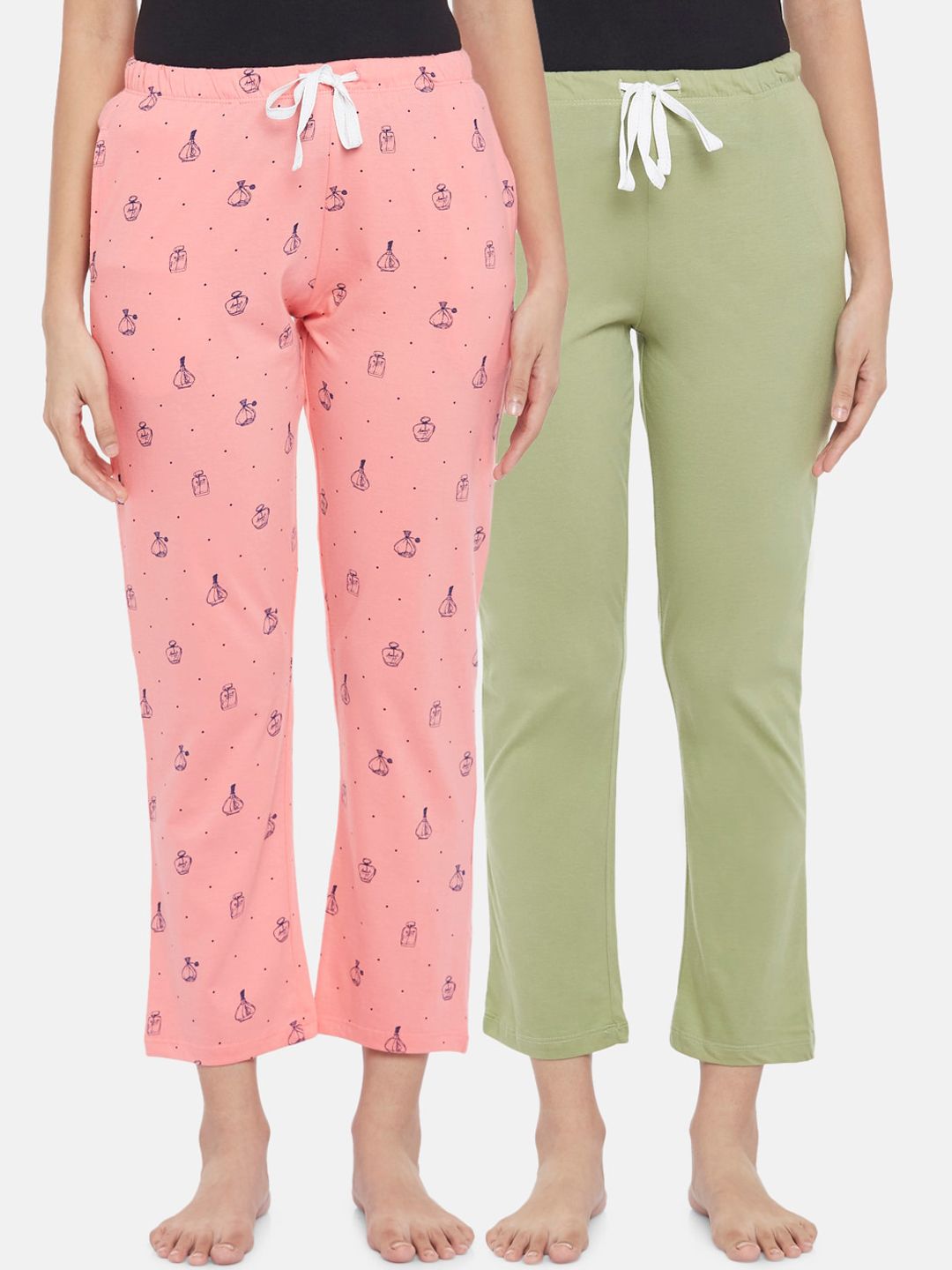 Dreamz by Pantaloons Women Pack Of 2 Green & Peach Printed Lounge Pants Price in India