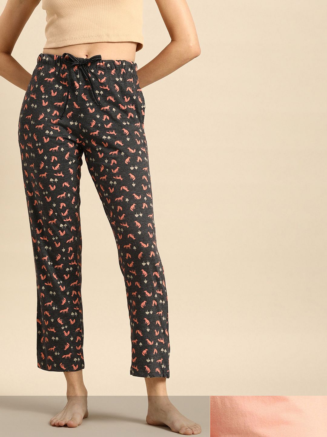 Dreamz by Pantaloons Pack of 2 Black & Coral Printed Lounge Pants Price in India