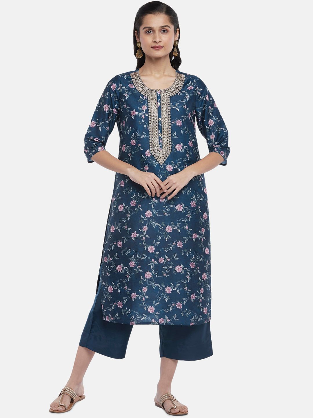 RANGMANCH BY PANTALOONS Women Blue Ethnic Motifs Printed Pure Cotton Kurti with Palazzos Price in India