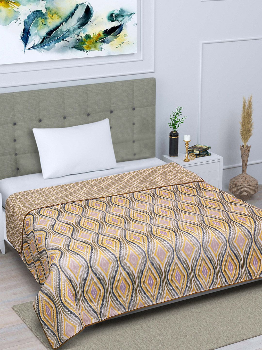 ROMEE Yellow & Navy Blue Ethnic Motifs AC Room 300 GSM Single Bed Dohar Price in India