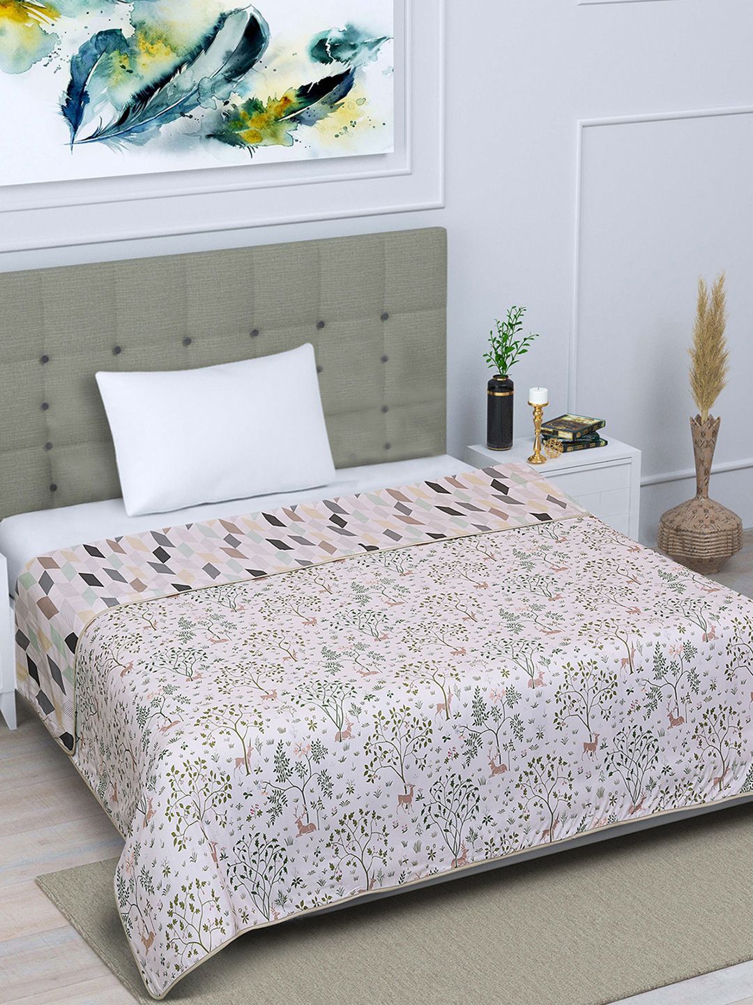 ROMEE White & Green Printed AC Room 300 GSM Reversible Single Bed Dohar Price in India
