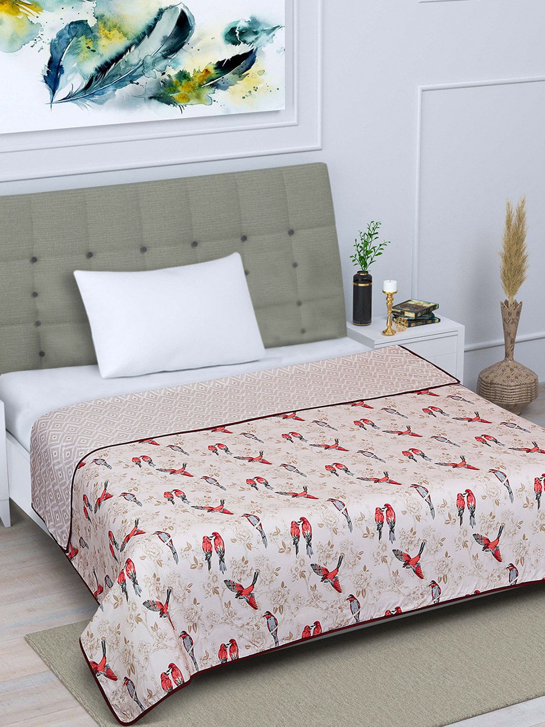ROMEE Cream-Coloured & Red Printed AC Room 300 GSM Reversible Single Bed Dohar Price in India