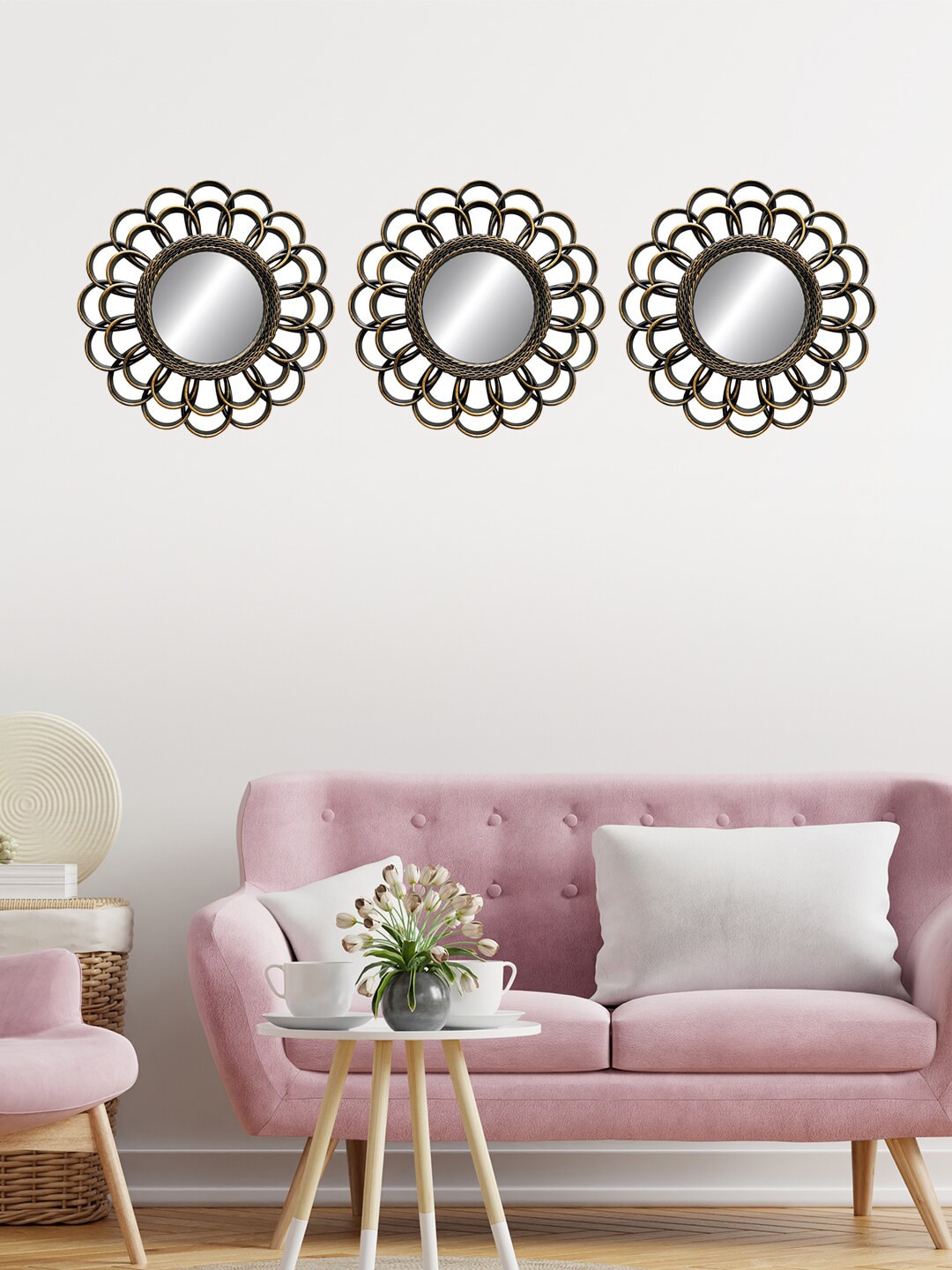 HomeTown Set Of 3 Gold-Toned Mirage Round Decorative Mirrors Price in India