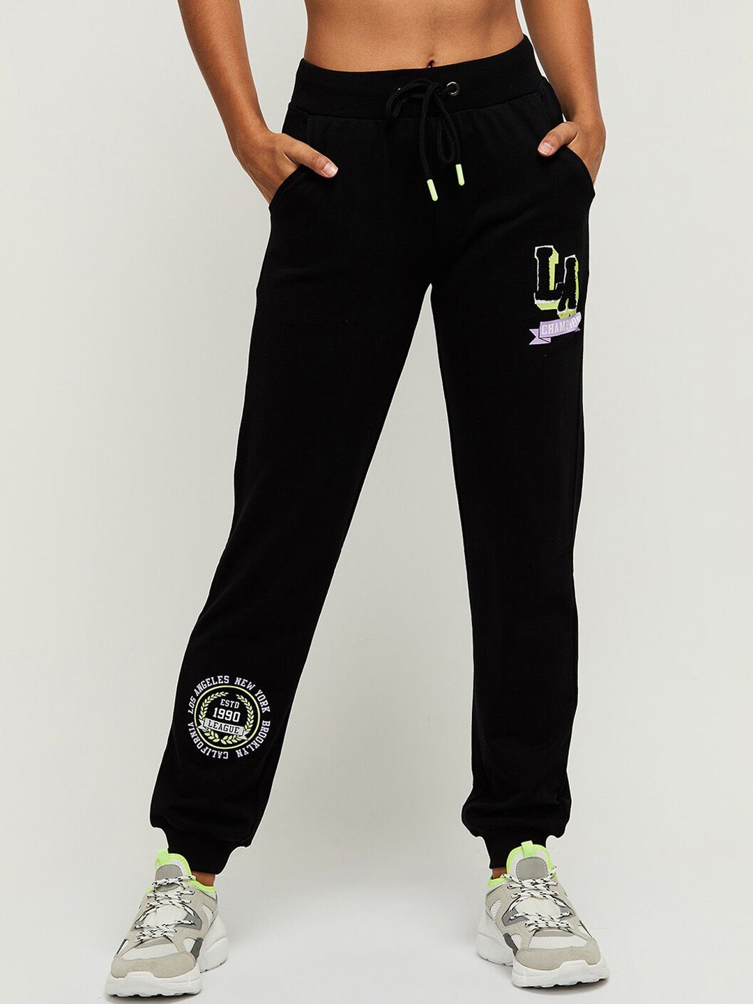 max Women Black Printed Pure Cotton Track Pants Price in India