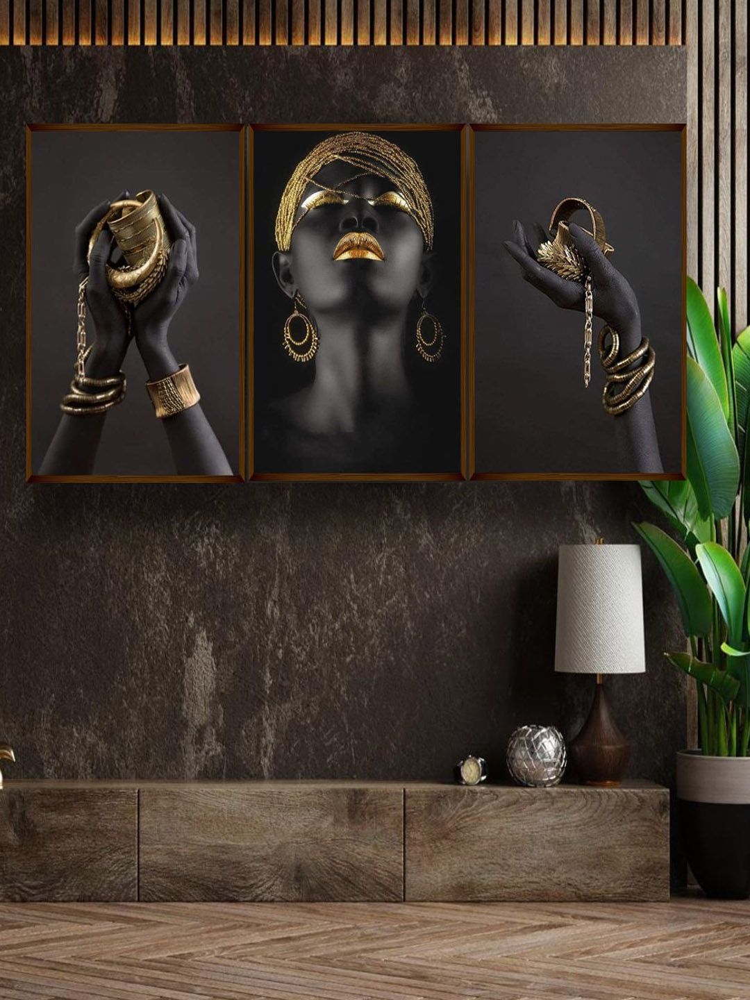 The Art House Set of 3 Gold-Toned & Black Abstract Painting Wall Art Price in India