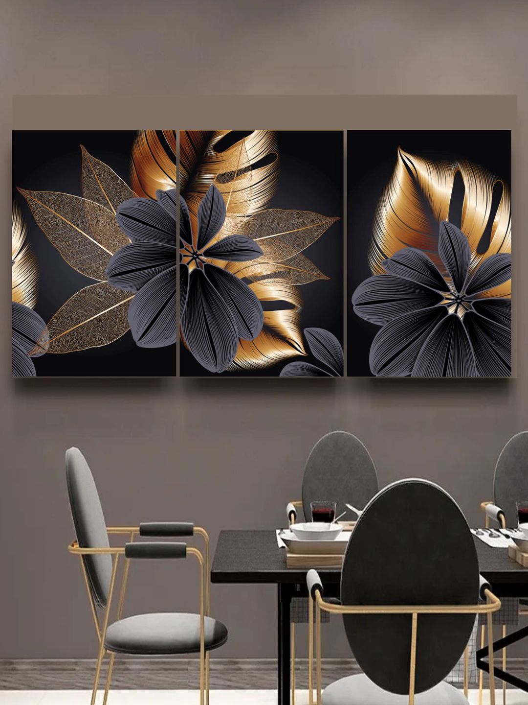 The Art House Set of 3 Black & Orange Abstract Wood  Wall Art Price in India