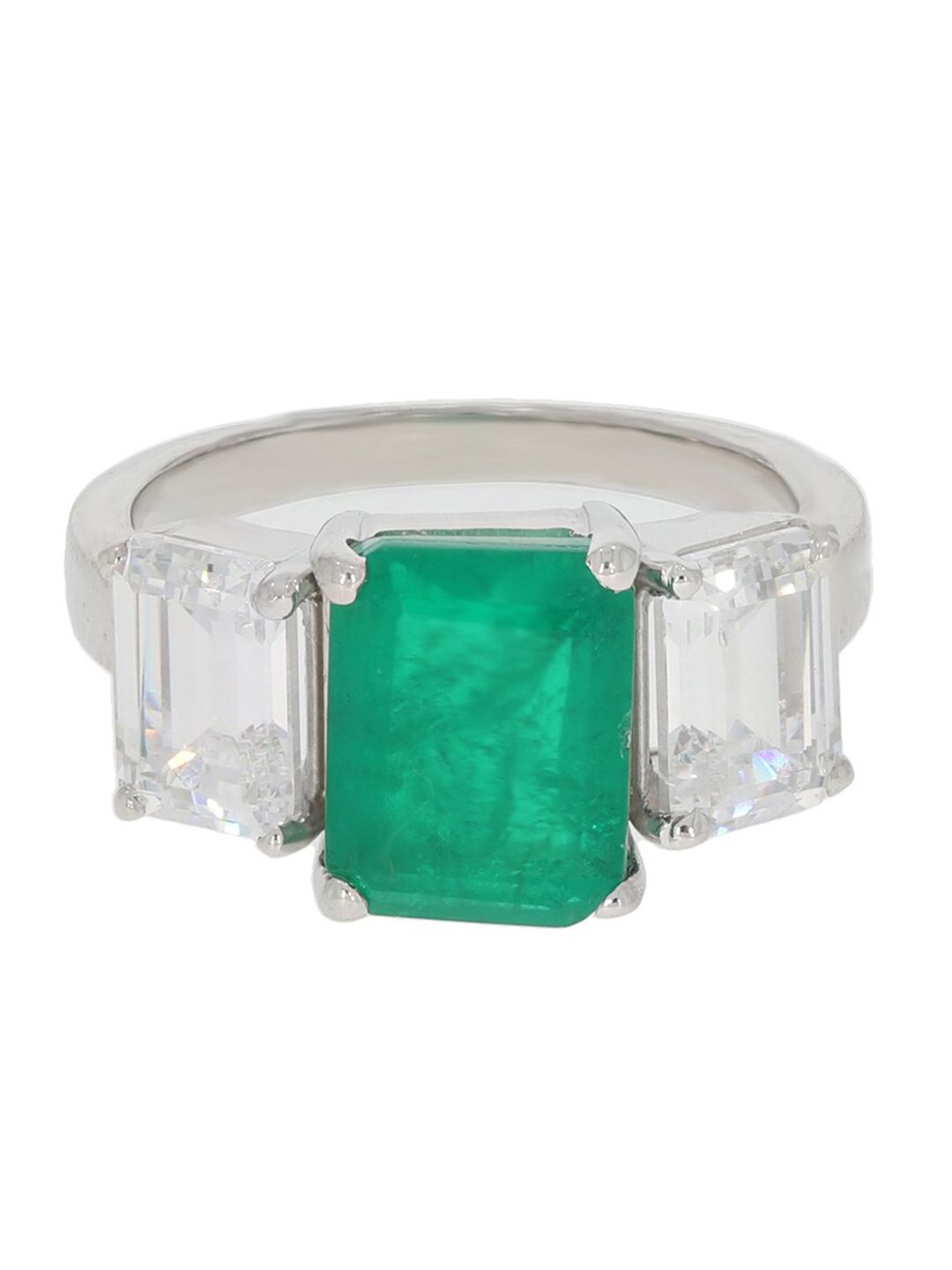 ANAYRA 925 Sterling Silver Silver-Toned White & Green AD-Studded Finger Ring Price in India