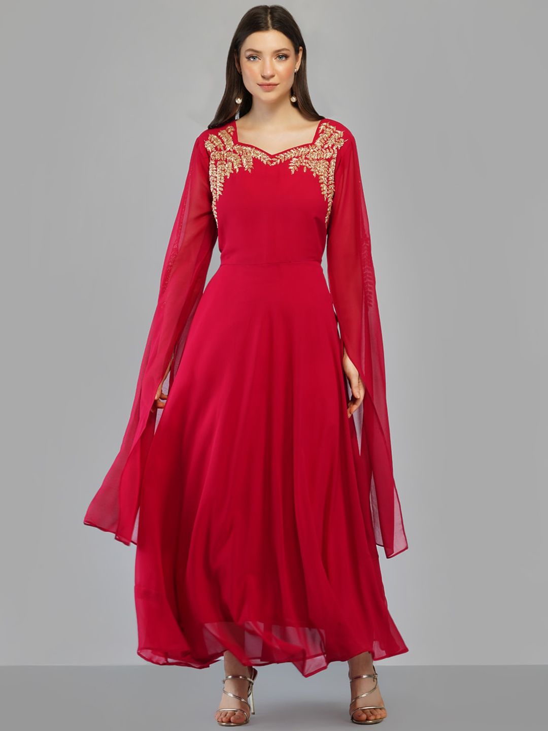 Ziva Fashion Women Red Embroidered Flared Sleeves Gotta Patti Georgette Anarkali Kurta Price in India