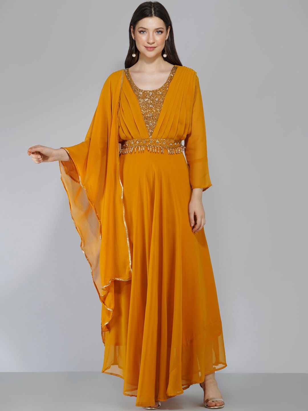 Ziva Fashion Women Mustard Yellow Embroidered Flared Sleeves Thread Work Georgette Anarkali Kurta Price in India