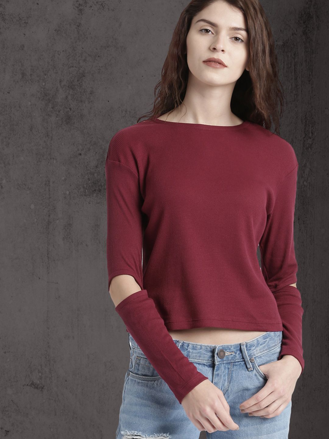 Roadster Women Maroon Self- Design Top