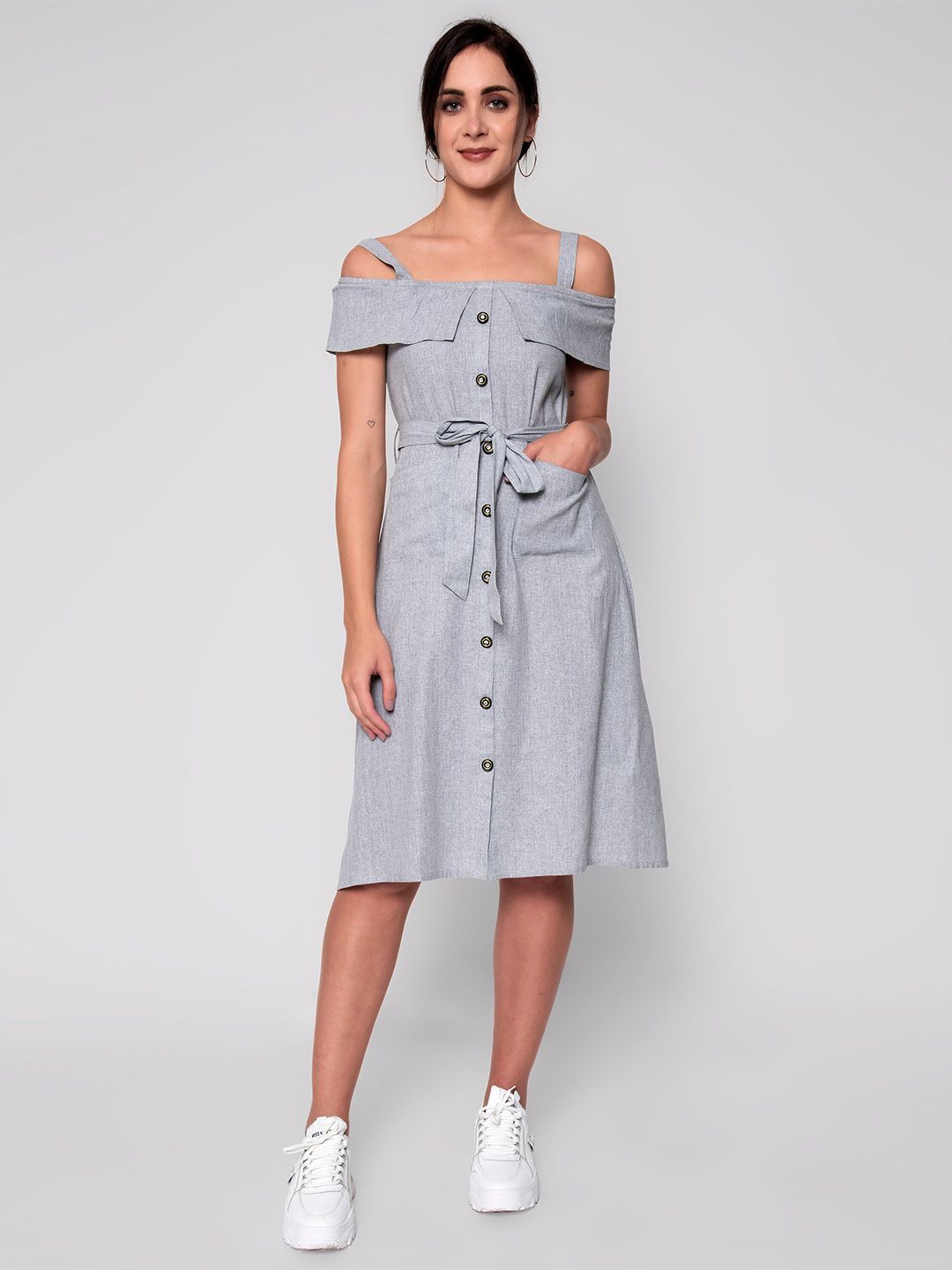 God Bless Grey Solid Linen A-Line Dress Price in India