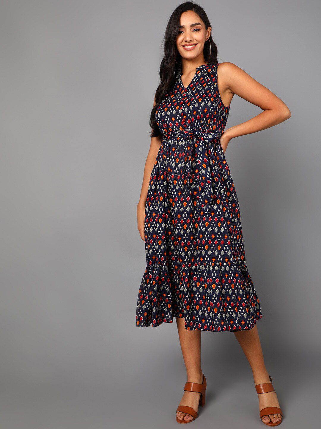 AHIKA Navy Blue Midi Pirnted Dress Price in India