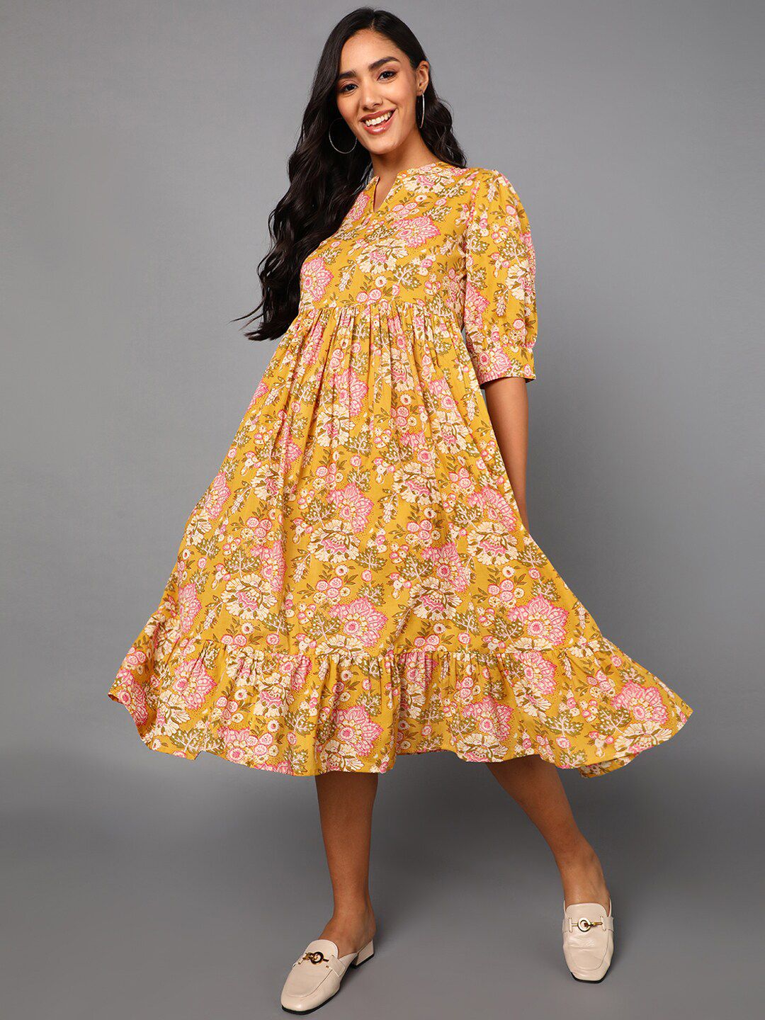 AHIKA Yellow Floral Empire Midi Dress Price in India