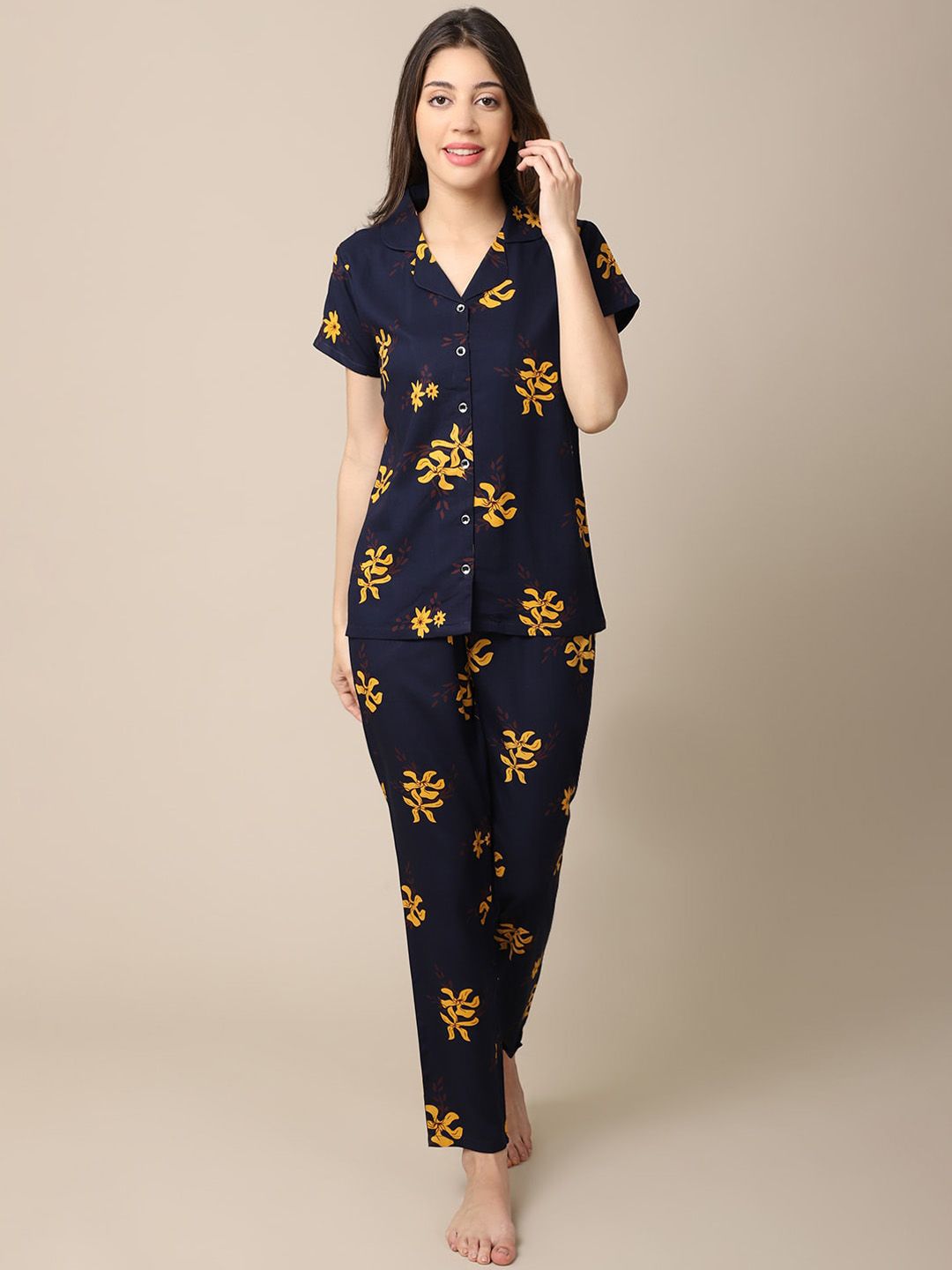 Boston Club Women Yellow & Navy Blue Printed Night suit Price in India