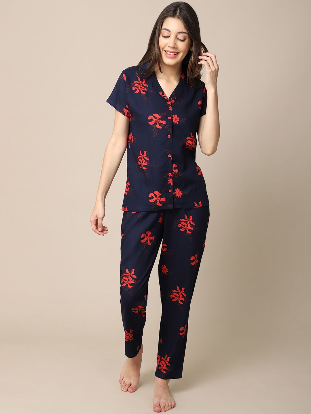 Boston Club Women Pink & Navy Blue Printed Night suit Price in India