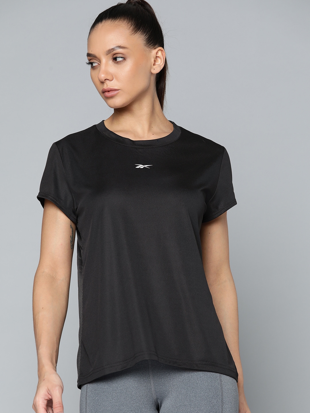Reebok Women Black Commercial Solid Workout T-Shirt Price in India