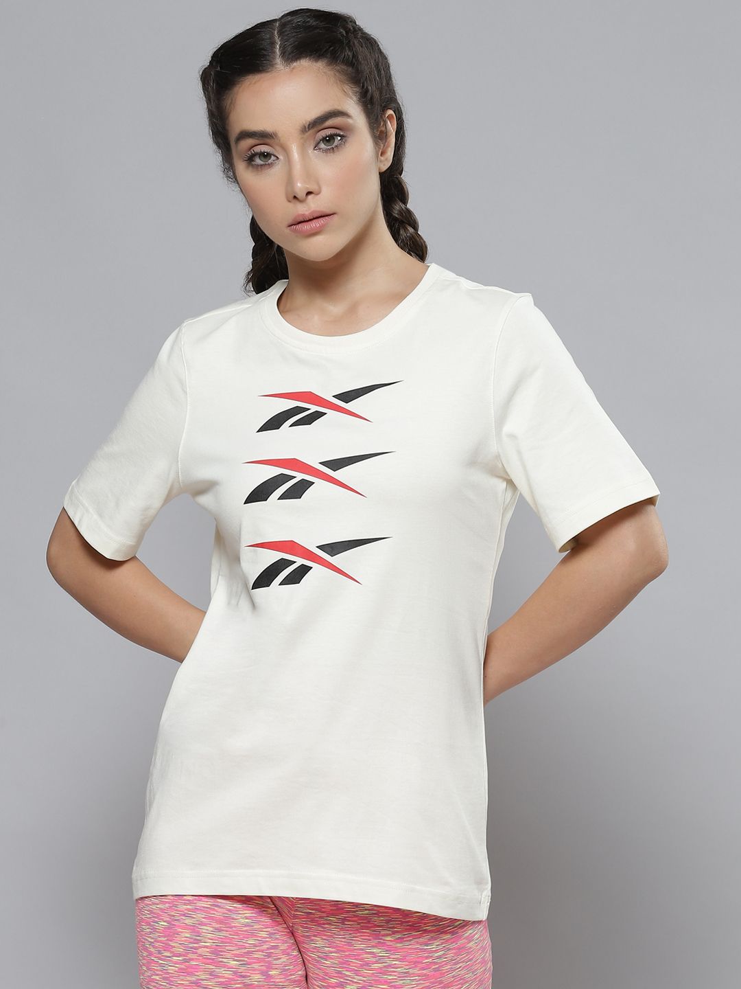 Reebok Classic Women Off White & Black Brand Logo Printed Pure Cotton T-shirt Price in India