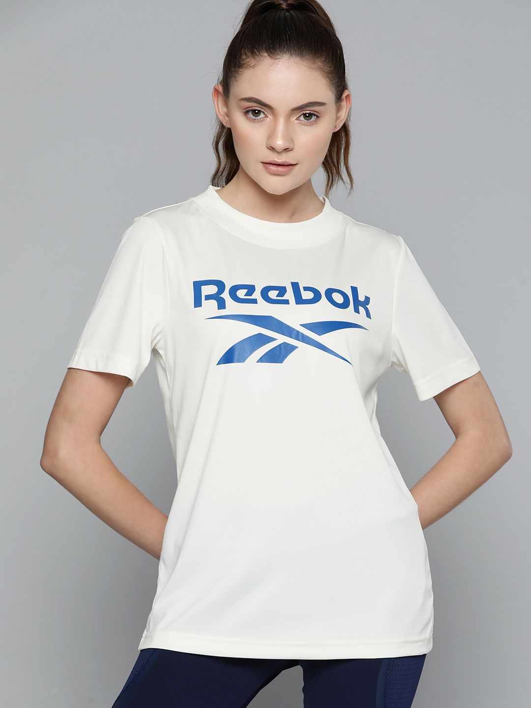 Reebok Women Cream-Coloured & Blue Brand Logo Printed Slim Fit T-shirt Price in India