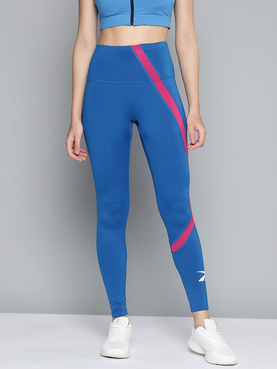 Reebok Women Blue Striped Workout Ready Vector Tights Price in India
