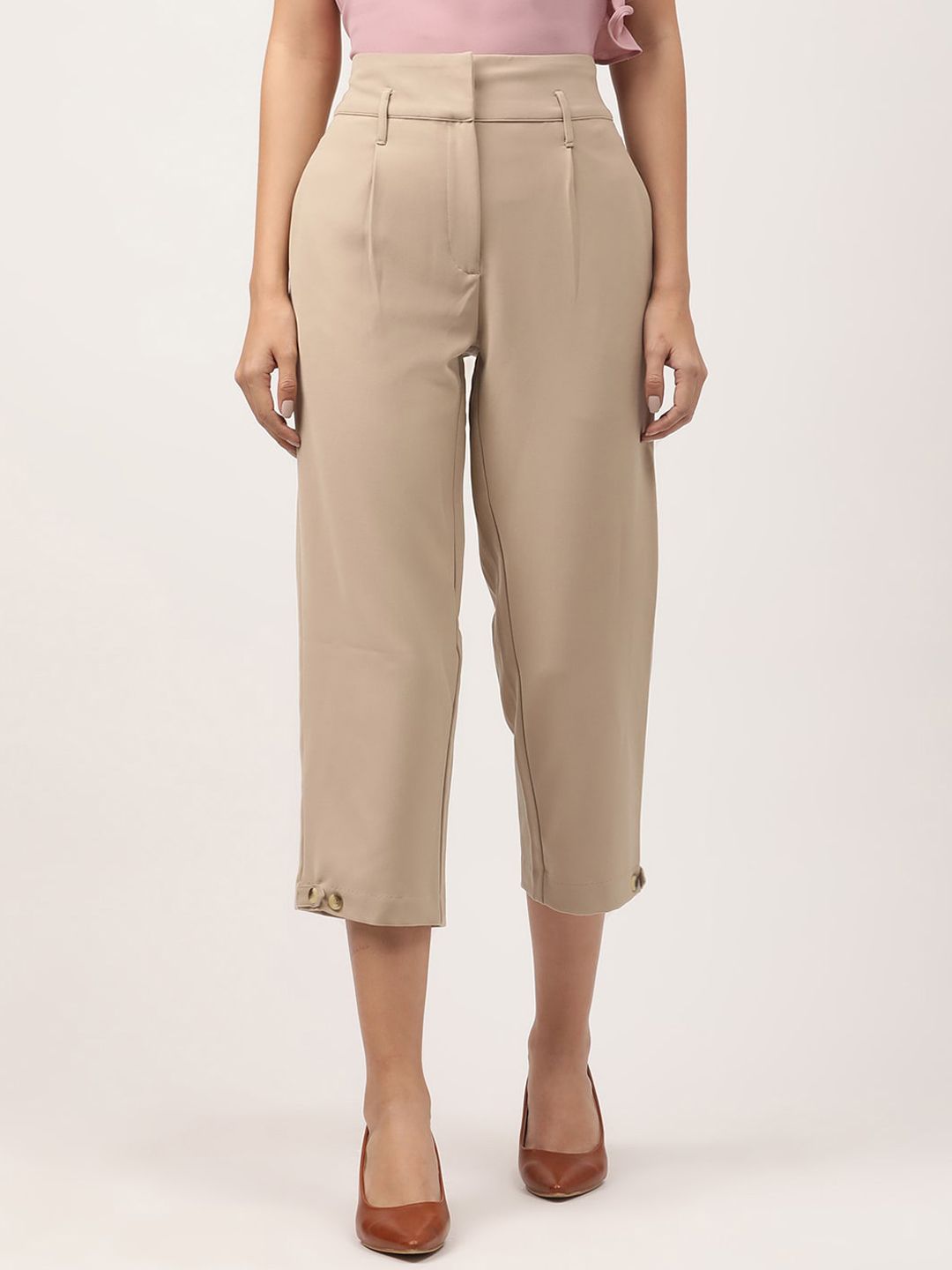 CENTRESTAGE Women Beige Tapered Fit High-Rise Pleated Culottes Trousers Price in India