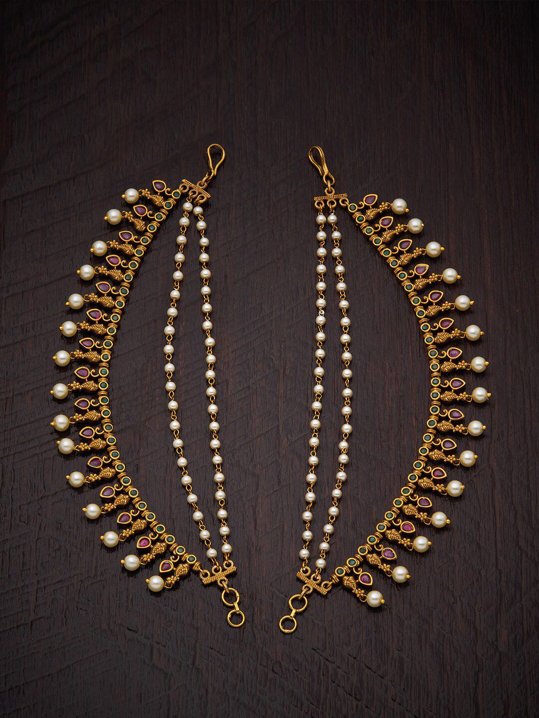 Kushal's Fashion Jewellery Gold-Toned & Red Stone Studded & Beaded Earring Chains Price in India