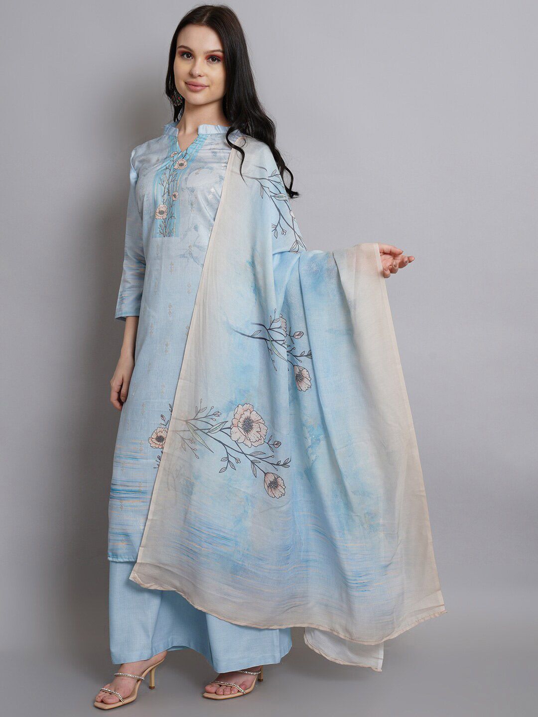 Stylee LIFESTYLE Women Blue Digital Print Satin Unstitched Dress Material Price in India