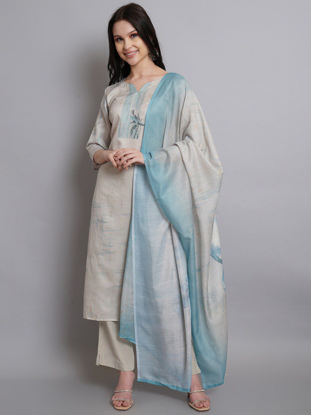 Stylee LIFESTYLE Women Green & Cream-Coloured Satin Unstitched Dress Material Price in India