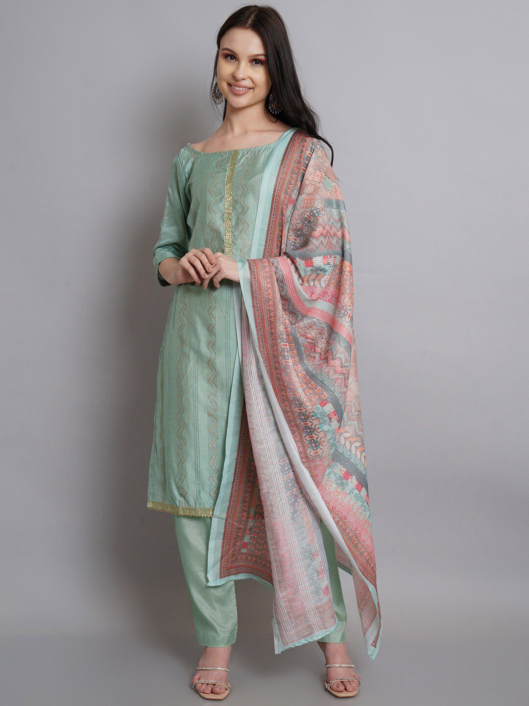 Stylee LIFESTYLE Green Embroidered Art Silk Unstitched Dress Material Price in India