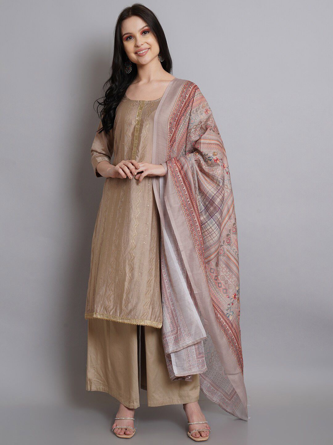 Stylee LIFESTYLE Beige & Purple Embellished Art Silk Unstitched Dress Material Price in India